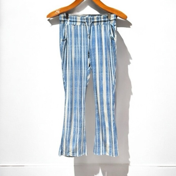 🌻some days lovin' Blue & White Stripe Casual Viscose Pull Up Flare Hem Pants S - Picture 1 of 7